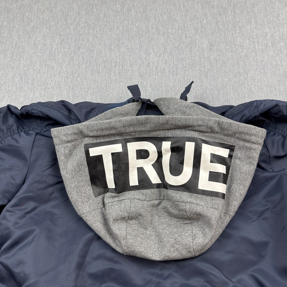 True Religion Bomber Jacket Mens Small Blue Quilted Full Zip Hooded Pockets Coat - Picture 11 of 13